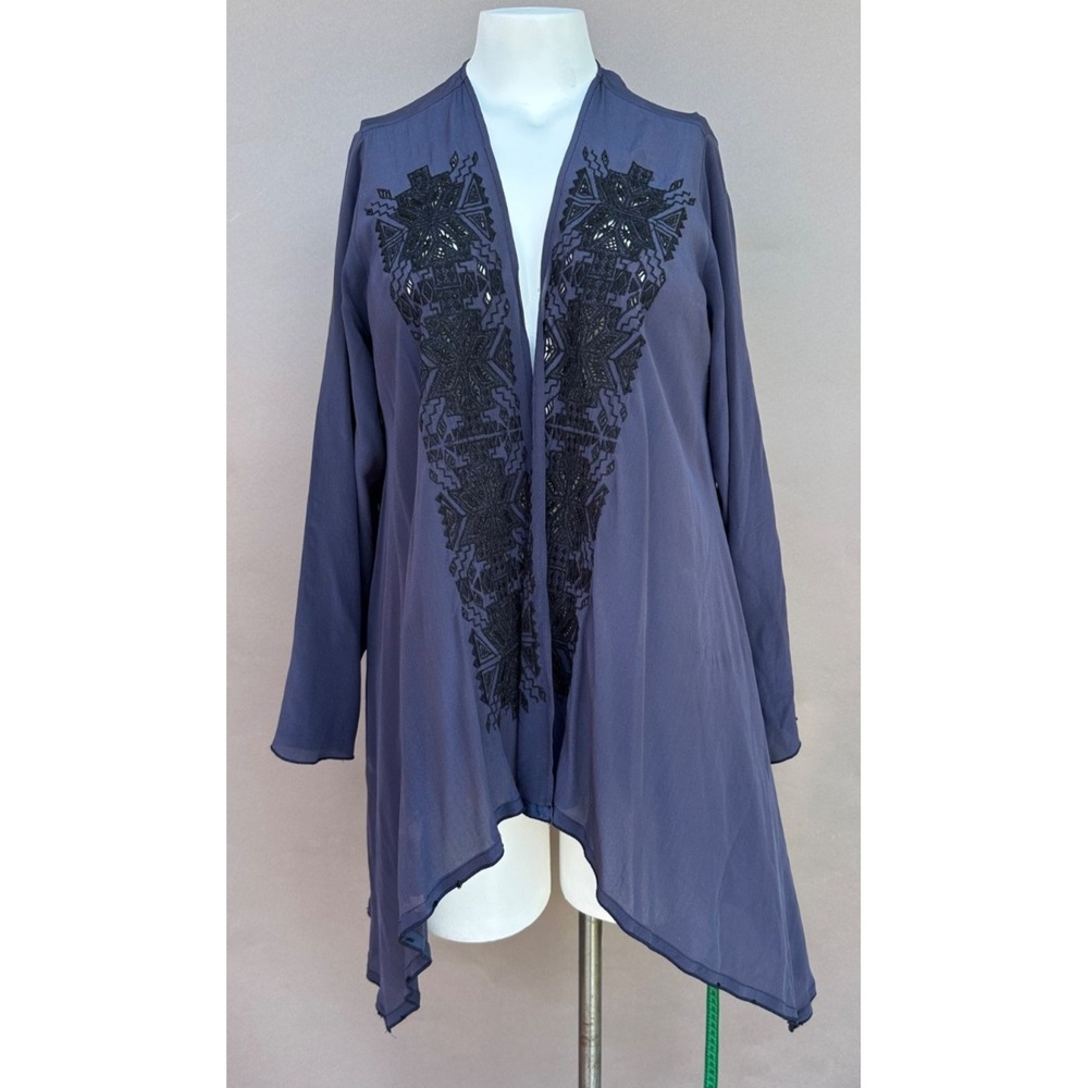 4Love & Liberty Kimono Top Jacket M Silk Embroidered Open Front Waterfall Blue
